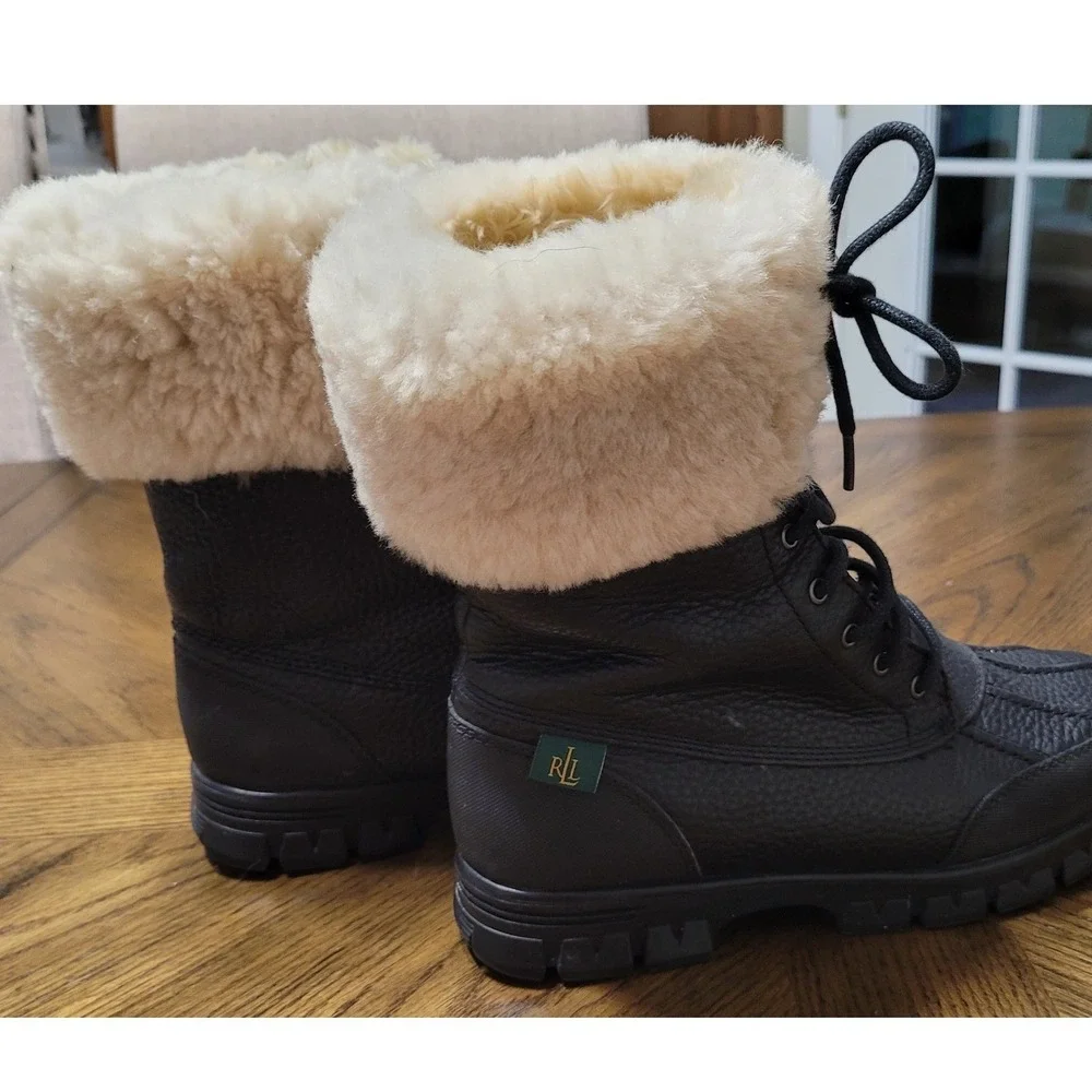 Lauren Ralph Lauren Quinta Black Leather Faux Fur Lined Duck Boots 6.5B 0862 G10